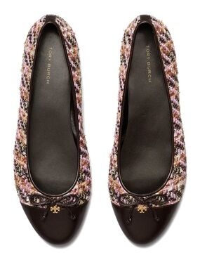Tory Burch Multicolor Pink Tweed Ballet Flats with Brown Cap Toe